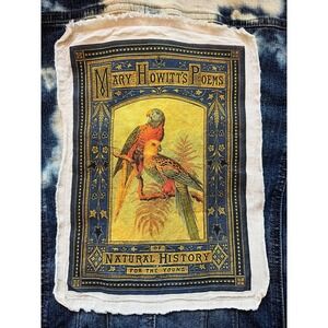 Upcycled Bird Book Cover Folk Art Patchwork Denim Jacket Women's Large